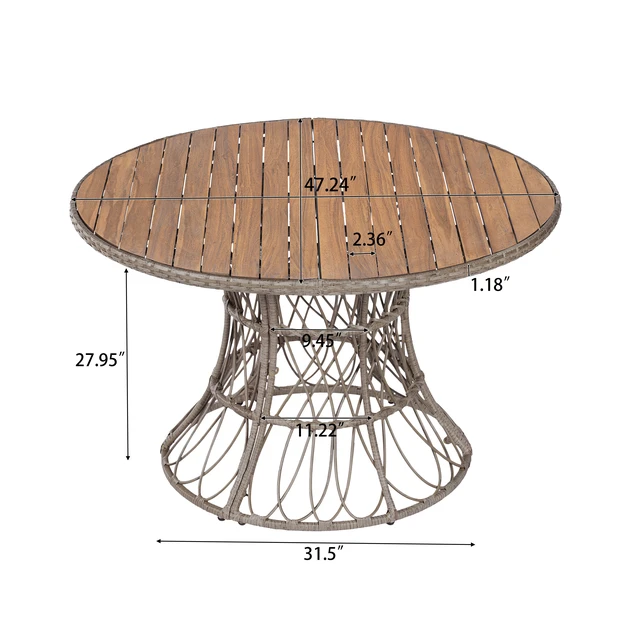 Alt view image 3 of 6 - Outdoor Dining Table Round Wood Top and Wicker Base, Patio Table for 4 Garden Outdoor Furniture Compatible