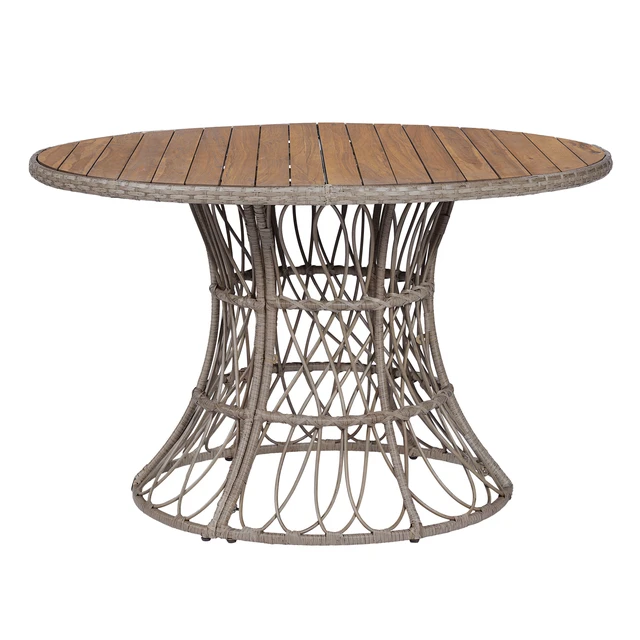 Alt view image 4 of 6 - Outdoor Dining Table Round Wood Top and Wicker Base, Patio Table for 4 Garden Outdoor Furniture Compatible