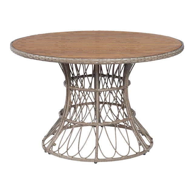 Alt view image 6 of 6 - Outdoor Dining Table Round Wood Top and Wicker Base, Patio Table for 4 Garden Outdoor Furniture Compatible