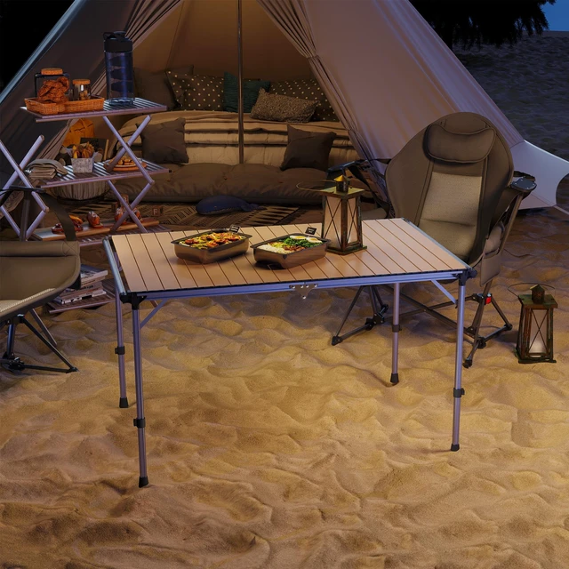 Alt view image 4 of 7 - Folding Camping Table, Adjustable Height Aluminum Table Portable Camping for Picnic Beach Bbq, Brown, Wood and Glass