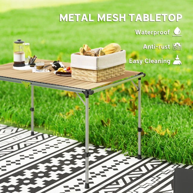 Alt view image 6 of 7 - Folding Camping Table, Adjustable Height Aluminum Table Portable Camping for Picnic Beach Bbq, Brown, Wood and Glass