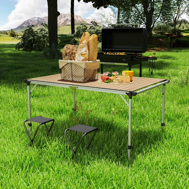 Alt view image 2 of 7 - Folding Camping Table, Adjustable Height Aluminum Table Portable Camping for Picnic Beach Bbq, Brown, Wood and Glass