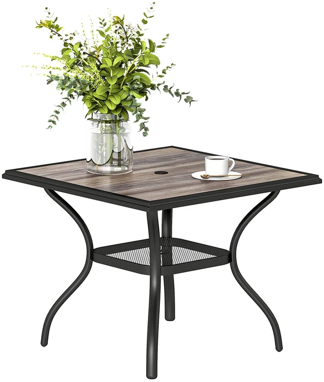 Main image of Outdoor Dining Table for 4 People, 37 Inch Square Patio Table with Umbrella Hole Storage Shelf and Faux Wood Top Metal