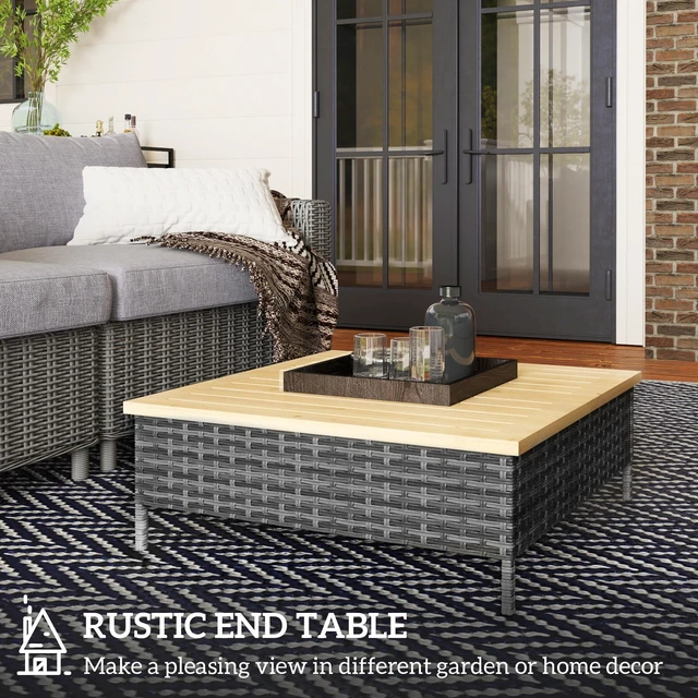 Alt view image 6 of 7 - Outdoor Side Table with Rattan, Patio End Table with Fir Wood Top Weather Resistant Accent for Patio Pool, Gray, Wood