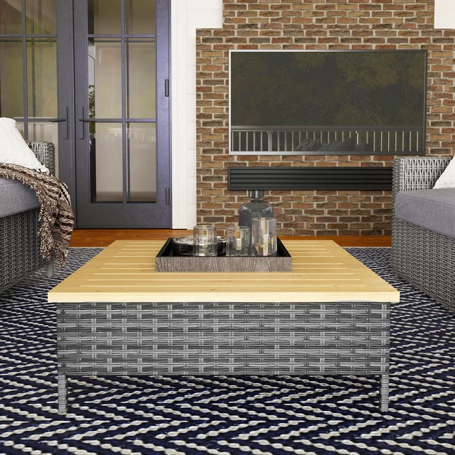 Alt view image 3 of 7 - Outdoor Side Table with Rattan, Patio End Table with Fir Wood Top Weather Resistant Accent for Patio Pool, Gray, Wood