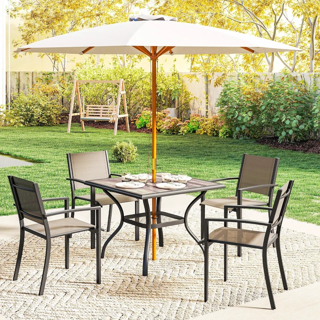 Alt view image 2 of 7 - Outdoor Dining Table for 4 People, 37 Inch Square Patio Table with Umbrella Hole Storage Shelf and Faux Wood Top Metal