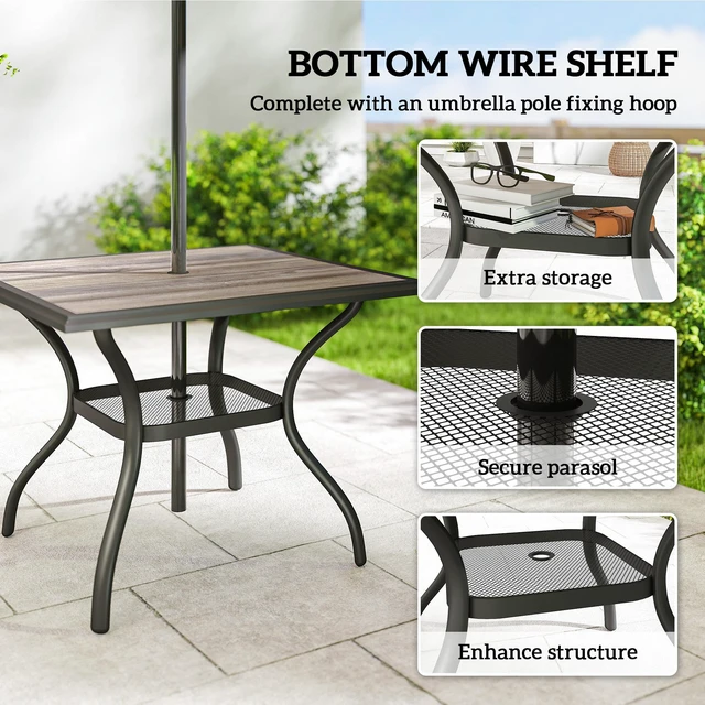 Alt view image 5 of 7 - Outdoor Dining Table for 4 People, 37 Inch Square Patio Table with Umbrella Hole Storage Shelf and Faux Wood Top Metal
