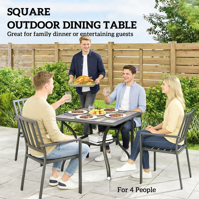 Alt view image 6 of 7 - Outdoor Dining Table for 4 People, 37 Inch Square Patio Table with Umbrella Hole Storage Shelf and Faux Wood Top Metal