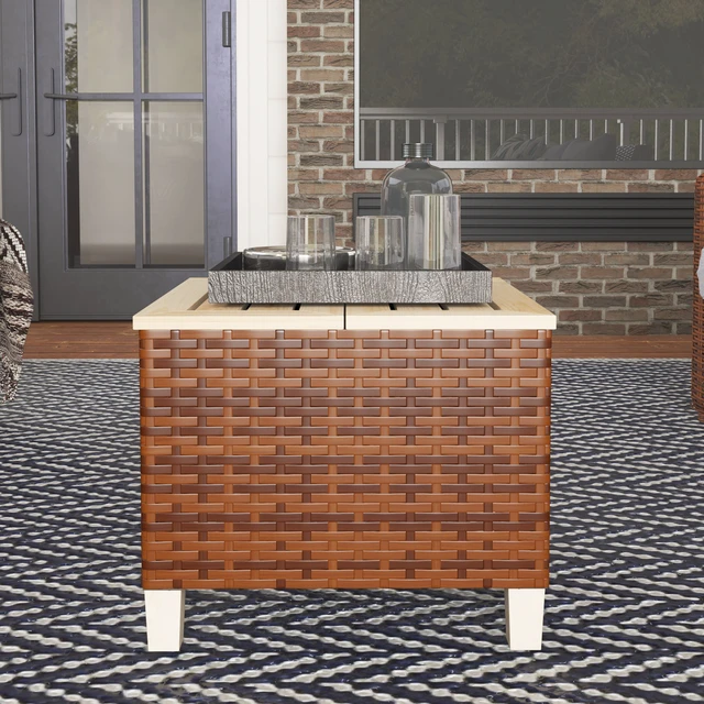 Alt view image 3 of 7 - Outdoor Side Table with Rattan, Patio End Table with Fir Tabletop and Legs Weather Resistant Accent for Patio Pool