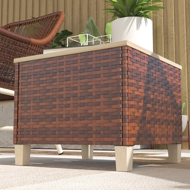 Alt view image 2 of 7 - Outdoor Side Table with Rattan, Patio End Table with Fir Tabletop and Legs Weather Resistant Accent for Patio Pool