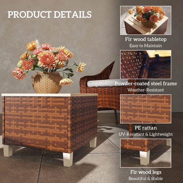 Alt view image 5 of 7 - Outdoor Side Table with Rattan, Patio End Table with Fir Tabletop and Legs Weather Resistant Accent for Patio Pool