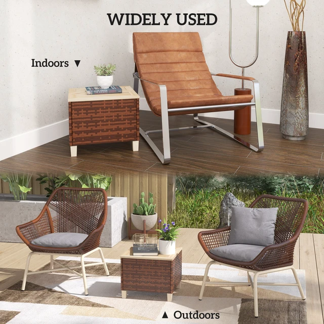 Alt view image 4 of 7 - Outdoor Side Table with Rattan, Patio End Table with Fir Tabletop and Legs Weather Resistant Accent for Patio Pool