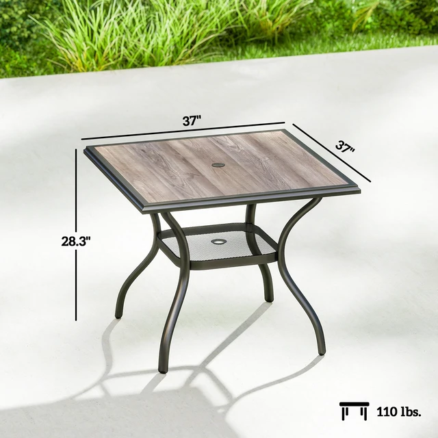 Alt view image 7 of 7 - Outdoor Dining Table for 4 People, 37 Inch Square Patio Table with Umbrella Hole Storage Shelf and Faux Wood Top Metal
