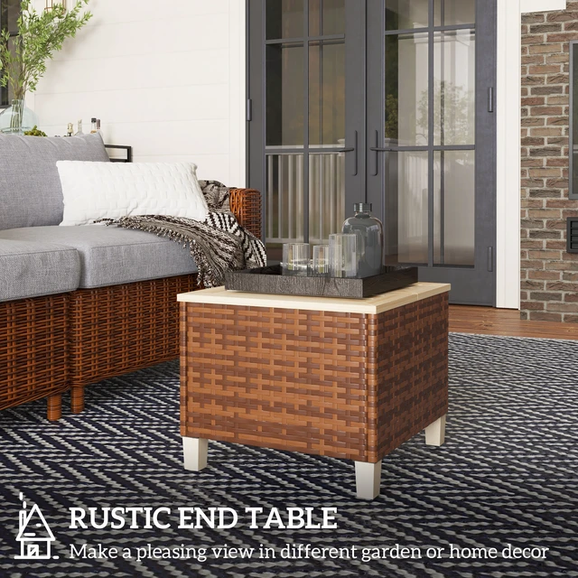 Alt view image 6 of 7 - Outdoor Side Table with Rattan, Patio End Table with Fir Tabletop and Legs Weather Resistant Accent for Patio Pool