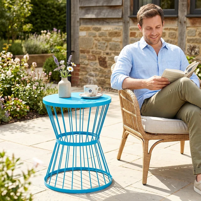 Alt view image 2 of 7 - 16 Inch Steel Patio Side Table, Garden End Table with Hourglass Design Accent for Outdoor and Indoor Use, Blue