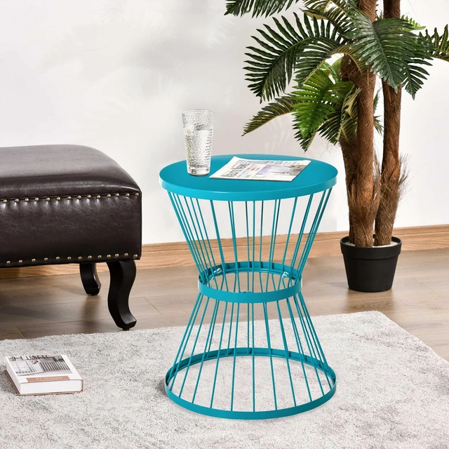 Alt view image 3 of 7 - 16 Inch Steel Patio Side Table, Garden End Table with Hourglass Design Accent for Outdoor and Indoor Use, Blue
