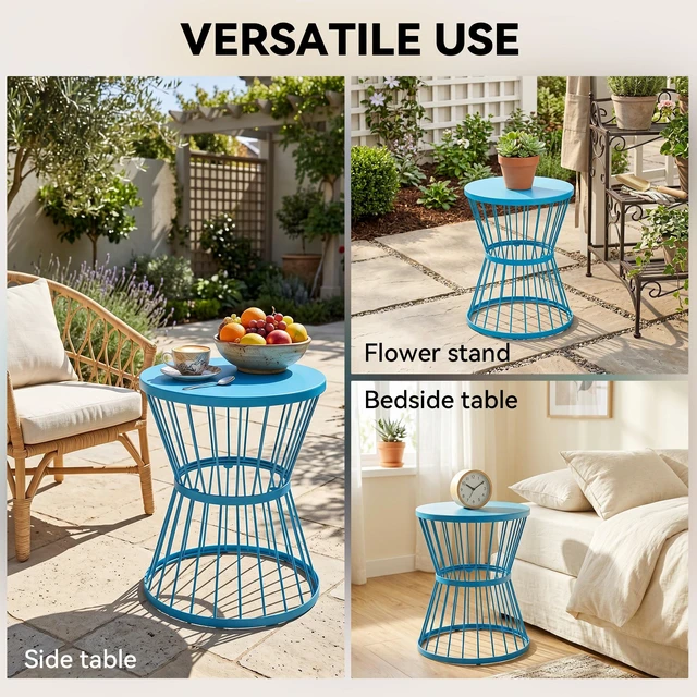 Alt view image 4 of 7 - 16 Inch Steel Patio Side Table, Garden End Table with Hourglass Design Accent for Outdoor and Indoor Use, Blue