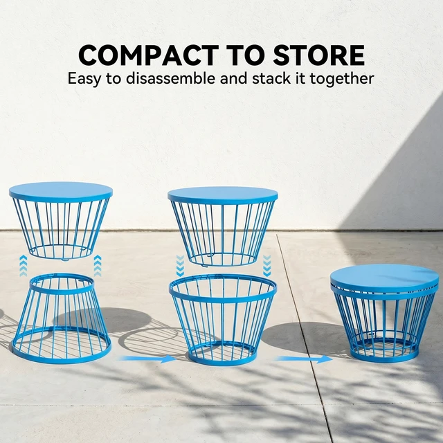 Alt view image 5 of 7 - 16 Inch Steel Patio Side Table, Garden End Table with Hourglass Design Accent for Outdoor and Indoor Use, Blue