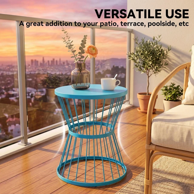 Alt view image 6 of 7 - 16 Inch Steel Patio Side Table, Garden End Table with Hourglass Design Accent for Outdoor and Indoor Use, Blue