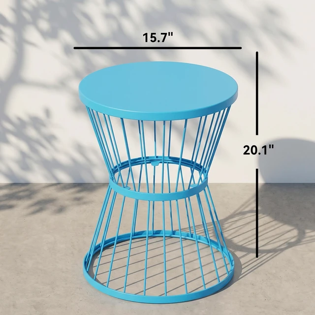 Alt view image 7 of 7 - 16 Inch Steel Patio Side Table, Garden End Table with Hourglass Design Accent for Outdoor and Indoor Use, Blue