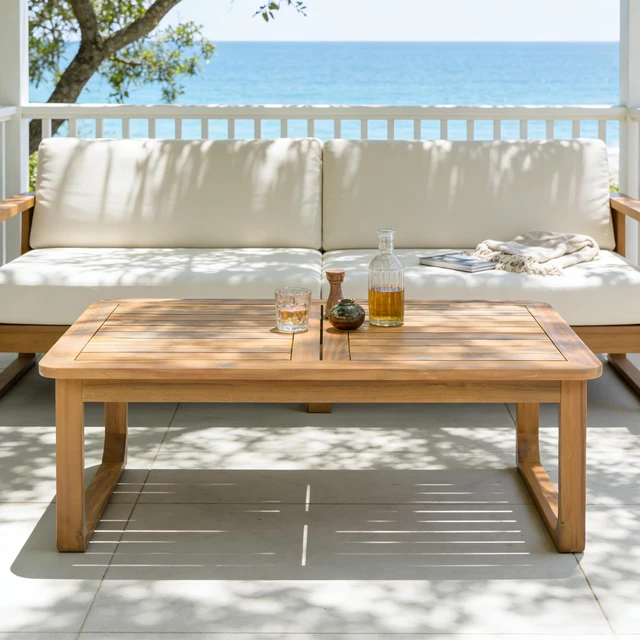 Alt view image 2 of 7 - Outdoor Coffee Table, Rectangular Patio Table with Curved Legs Teak Finish Weather Resistant Design for Deck Garden