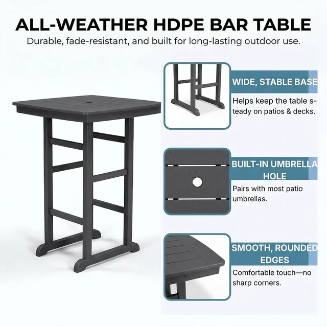 Alt view image 5 of 7 - HDPE Bar Height Outdoor Patio Pub Table, 31.1 Inch Square High Top Bistro Table with Umbrella Hole Weather Resistant