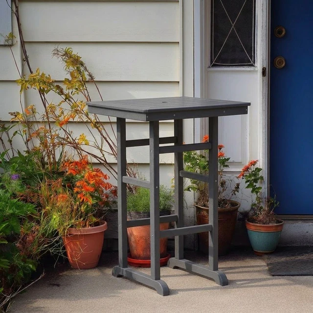 Alt view image 2 of 7 - HDPE Bar Height Outdoor Patio Pub Table, 31.1 Inch Square High Top Bistro Table with Umbrella Hole Weather Resistant
