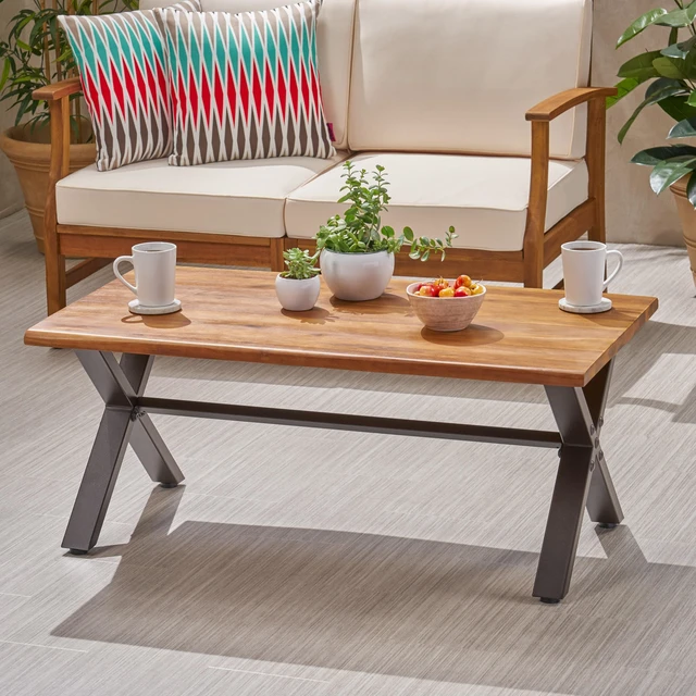 Main image of Outdoor Wood Coffee Table, Teak Finish Metal and 18 Inch 27.25 Inch 43.25 l, Brown Black, Acacia Wood, Patio