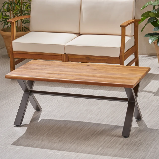 Alt view image 2 of 7 - Outdoor Wood Coffee Table, Teak Finish Metal and 18 Inch 27.25 Inch 43.25 l, Brown Black, Acacia Wood, Patio