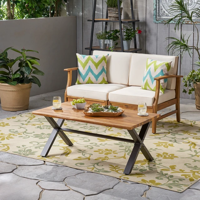Alt view image 3 of 7 - Outdoor Wood Coffee Table, Teak Finish Metal and 18 Inch 27.25 Inch 43.25 l, Brown Black, Acacia Wood, Patio