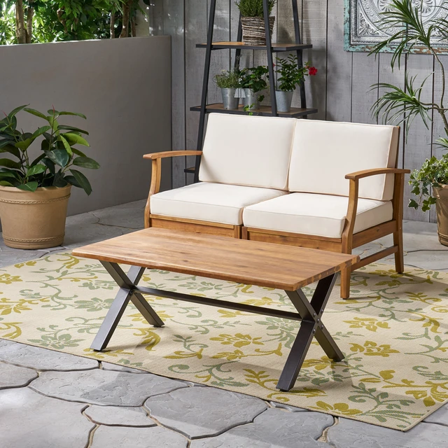 Alt view image 4 of 7 - Outdoor Wood Coffee Table, Teak Finish Metal and 18 Inch 27.25 Inch 43.25 l, Brown Black, Acacia Wood, Patio