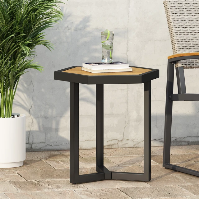 Alt view image 3 of 7 - Side Table, Beige, Metal and Wood, Patio Furniture Sets
