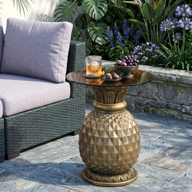 Alt view image 2 of 7 - 23.62 Inch Pineapple Side Table with Glass Top, Outdoor Patio End Table Indoor Plant Stand for Living and Garden