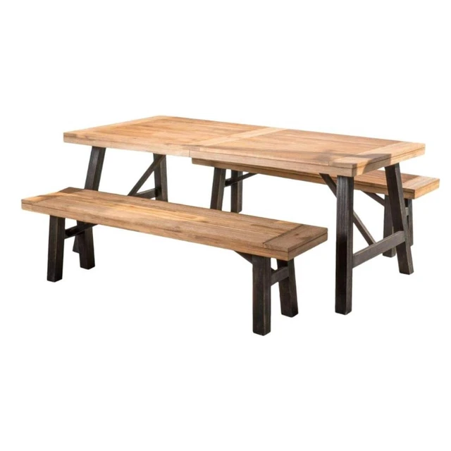 Alt view image 2 of 7 - Outdoor Dining Set with Benches and Dining Table 3 pcs, Grey Black, Acacia Wood, Patio Furniture Sets