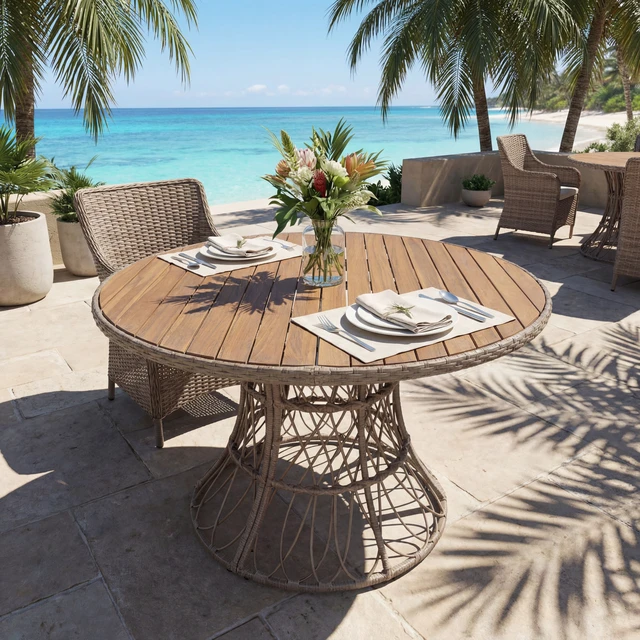 Alt view image 5 of 6 - Outdoor Dining Table Round Wood Top and Wicker Base, Patio Table for 4 Garden Outdoor Furniture Compatible