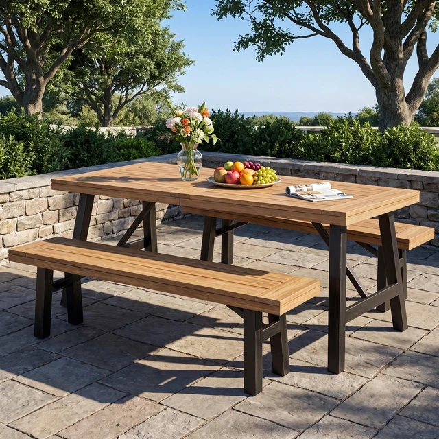 Main image of Outdoor Dining Set with Benches and Dining Table 3 pcs, Grey Black, Acacia Wood, Patio Furniture Sets