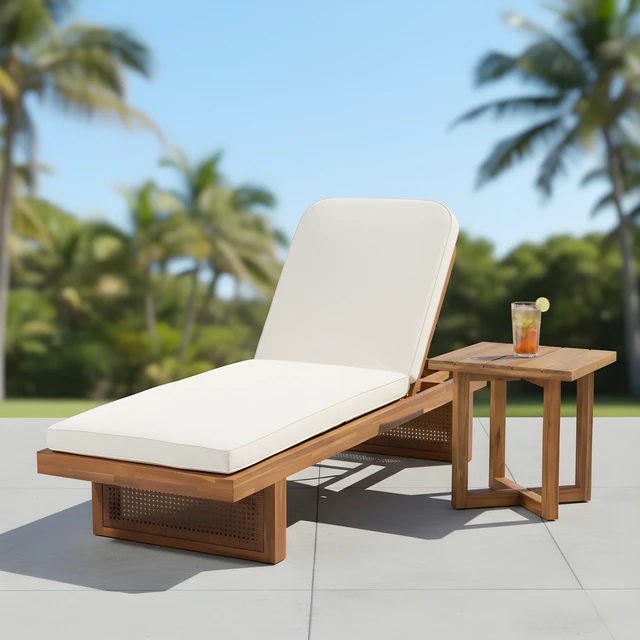 Main image of Lounger with Rattan and Cross Stretcher Side Table Set, Acacia Wood, Patio Furniture Sets