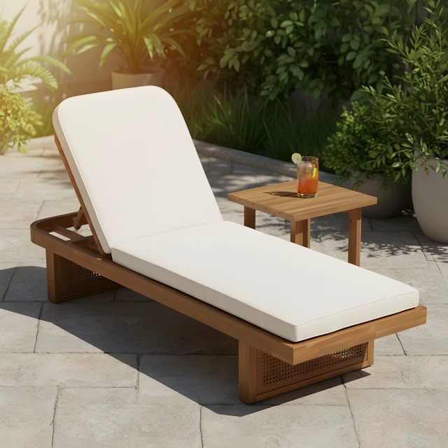 Alt view image 3 of 7 - Lounger with Rattan and Cross Stretcher Side Table Set, Acacia Wood, Patio Furniture Sets