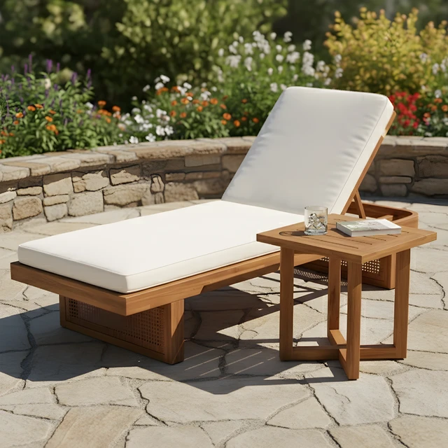 Alt view image 2 of 7 - Lounger with Rattan and Cross Stretcher Side Table Set, Acacia Wood, Patio Furniture Sets