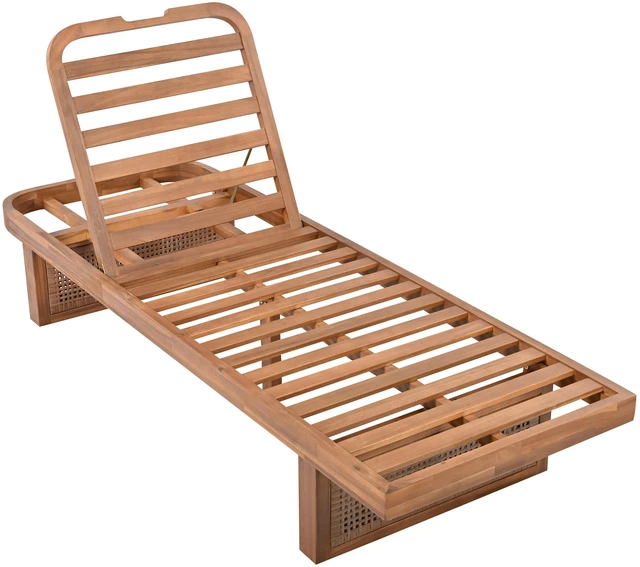 Alt view image 5 of 7 - Lounger with Rattan and Cross Stretcher Side Table Set, Acacia Wood, Patio Furniture Sets