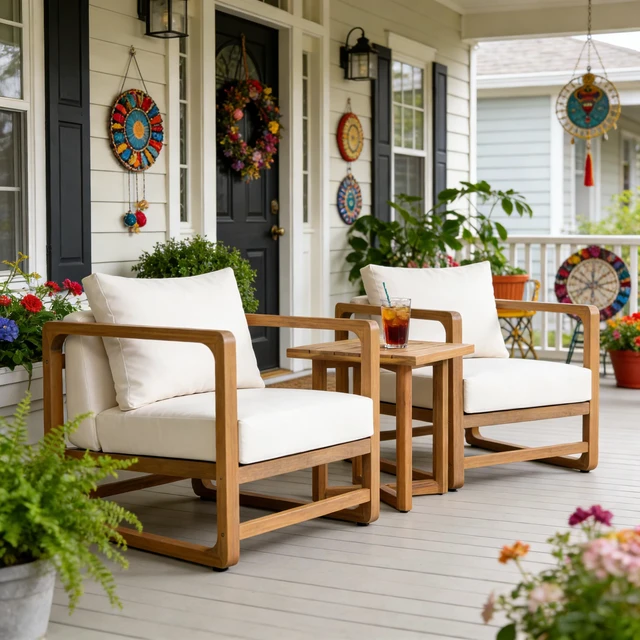 Main image of Set Lounge Chairs with Cushions and Slat Top Stretcher Side Table, Acacia Wood, Patio Furniture Sets