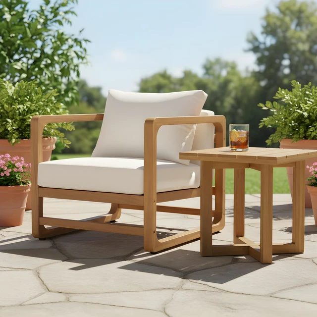 Alt view image 2 of 7 - Lounge Chair with Cushions and Cross Stretcher Side Table Set, Acacia Wood, Patio Furniture Sets