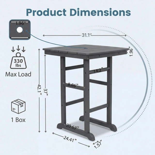 Alt view image 7 of 7 - HDPE Bar Height Outdoor Patio Pub Table, 31.1 Inch Square High Top Bistro Table with Umbrella Hole Weather Resistant