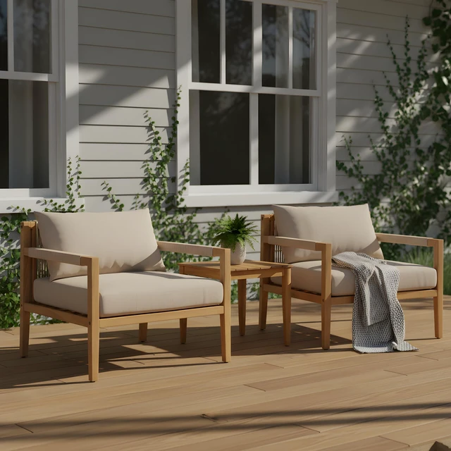 Alt view image 2 of 7 - Set Rope Chairs Slat Side Table for Outdoor Living, Acacia Wood, Patio Furniture Sets