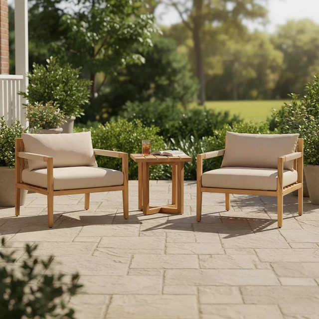 Alt view image 3 of 7 - Set Rope Chairs with Cross Stretcher Side Table, Acacia Wood, Patio Furniture Sets