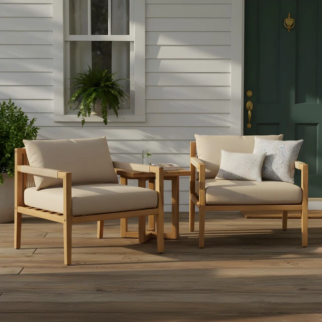 Alt view image 2 of 7 - Set Rope Chairs with Cross Stretcher Side Table, Acacia Wood, Patio Furniture Sets