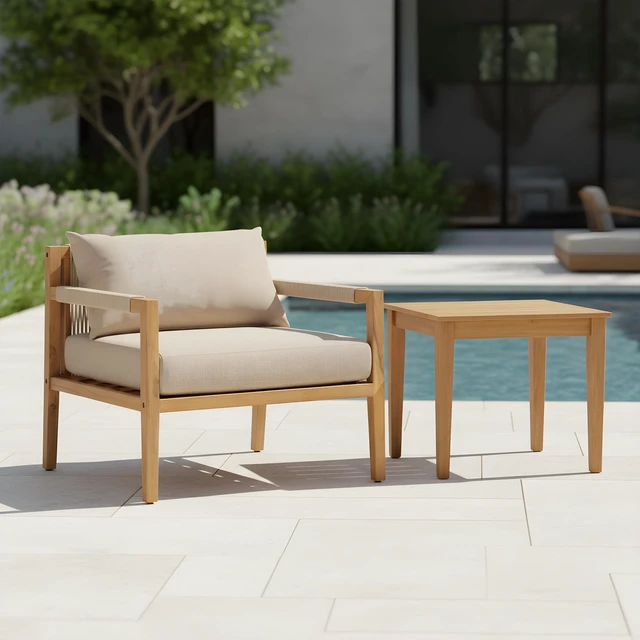 Main image of Harmony Set Rope Chair and Slat Side Table for Outdoor Living, Acacia Wood, Patio Furniture Sets
