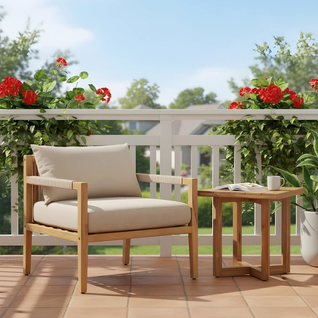 Main image of Elegance Set Rope Chair with Cross Stretcher Side Table, Acacia Wood, Patio Furniture Sets