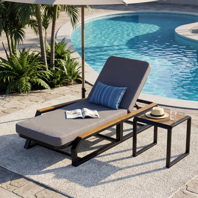 Main image of 3 Piece Adjustable Position Outdoor Chaise Lounge Set with Grey Cushion and Side Table, Patio Reclining Lounger