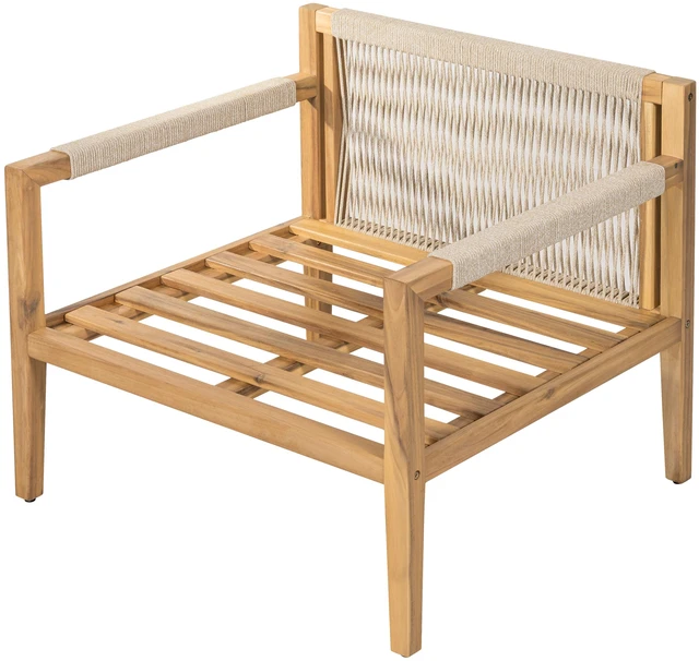 Alt view image 7 of 7 - Set Rope Chairs with Cross Stretcher Side Table, Acacia Wood, Patio Furniture Sets